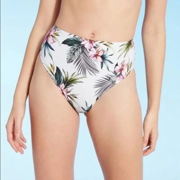 Shade & Shore High Waist Cheeky Small Floral White Green Swimwear NWOT - Picture 3 of 4